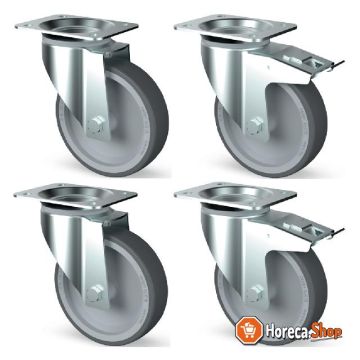 Set of 4 stainless steel wheels, swiveling, 2 with brakes