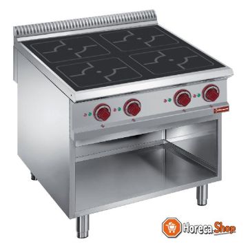 Electric stove with 4 induction hobs on open cupboard