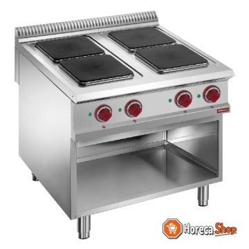 Electric stove with 4 hot plates on open cupboard