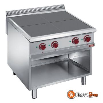 Electric stove with 4 lowered cooking plates on open cupboard