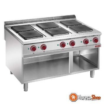 Electric stove with 6 hot plates on open cupboard