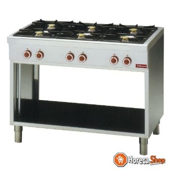 Gas stove with 6 burners, on open cupboard