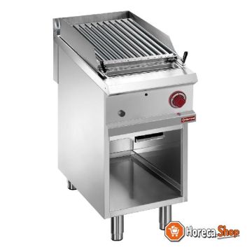 Gas lava stone grill, 1 2 module, grill  2 sides  stainless steel, on open cupboard.