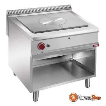 Gas stove with cooker on open cupboard