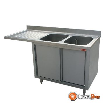Sink with 2 tubs 500x500x325 left drip tray on cupboard with 2 sliding doors and niche for dishwasher