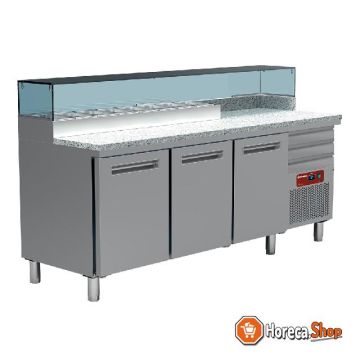 Table réfrigérante pizzeria, 3 portes en 600x400, 3 tiroirs neutres en 600x400, structure refroidie 8x gn ¼