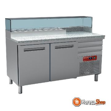 Table réfrigérante pizzeria, 2 portes en 600x400, 3 tiroirs neutres en 600x400, structure refroidie 6x gn ¼