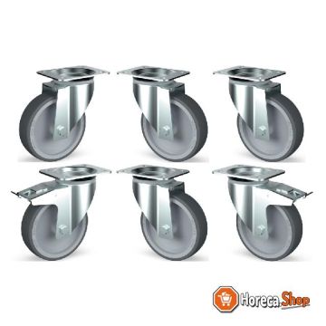 Set of 6 stainless steel swivel wheels, 2 with brakes
