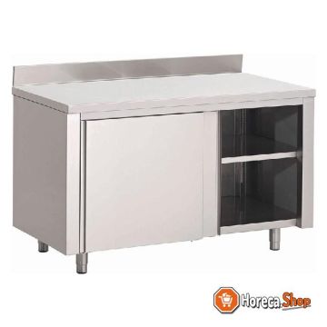 Stainless steel work table with sliding doors and back upstand 85x200x70cm